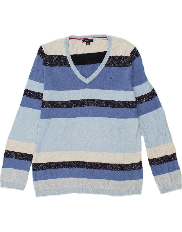 TOMMY HILFIGER Womens V-Neck Jumper Sweater UK 16 Large Blue Striped Lace Blend Ribbed Blend Corduroy Blend TOMMY HILFIGER Womens V-Neck Jumper Sweater UK 16 Large Blue Striped Lace Blend Ribbed Blend Corduroy Blend