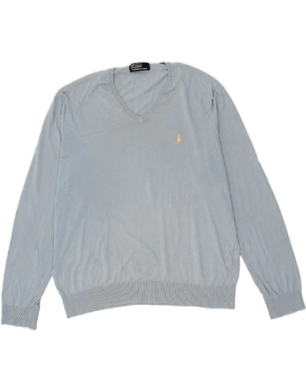 POLO RALPH LAUREN Mens V-Neck Jumper Sweater XL Blue Cotton Mesh Sweater Canvas Denim POLO RALPH LAUREN Mens V-Neck Jumper Sweater XL Blue Cotton Mesh Sweater Canvas Denim