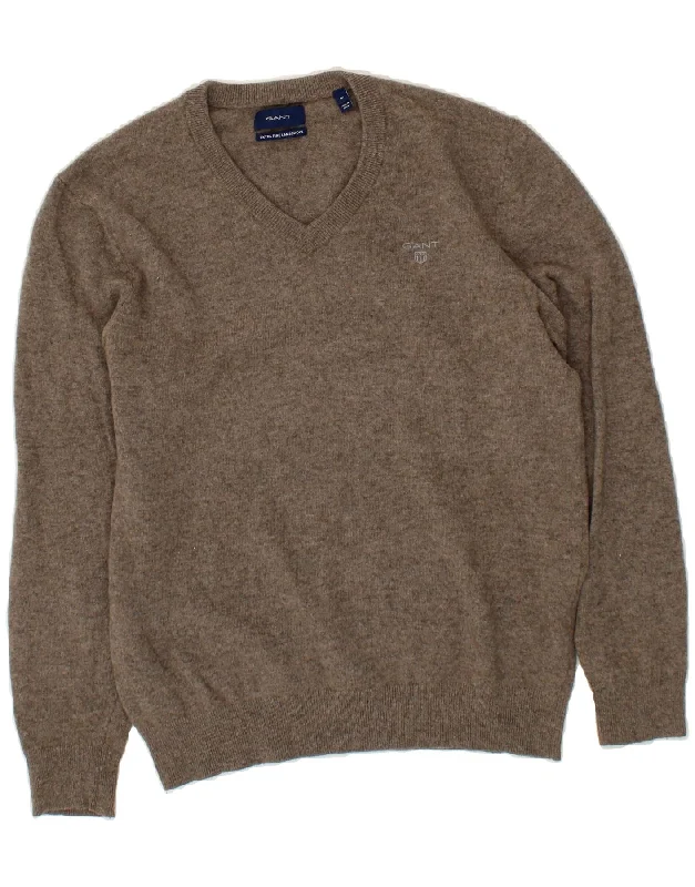 GANT Mens V-Neck Jumper Sweater Medium Grey Lambswool Zippered Buttoned Snapped