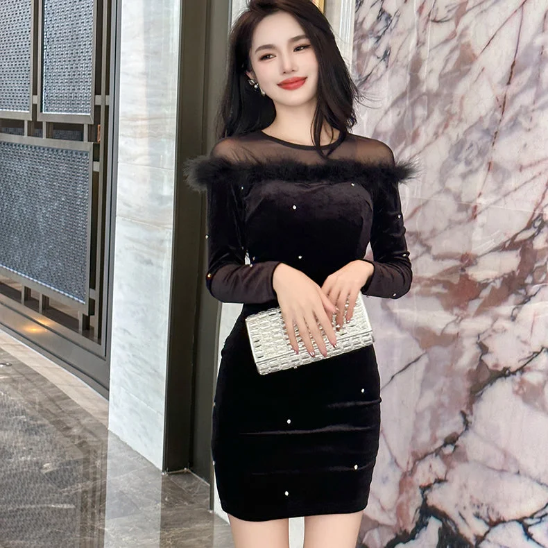 ZYHT 40006 New Autumn Black Velvet Dress For Women Elegant Diamond Patchwork Prom Evening Mini Dresses Casual Button-Up Mini Dress