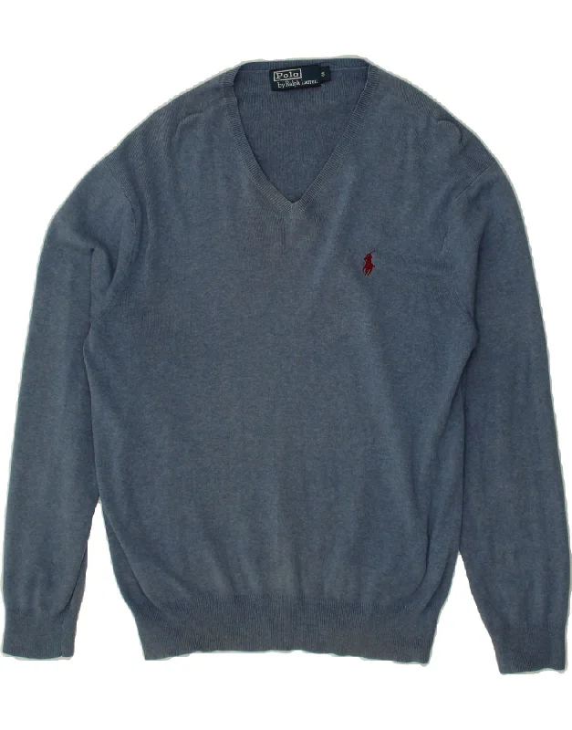 POLO RALPH LAUREN Mens V-Neck Jumper Sweater Small Navy Blue Cotton Mesh Sweater Canvas Denim POLO RALPH LAUREN Mens V-Neck Jumper Sweater Small Navy Blue Cotton Mesh Sweater Canvas Denim