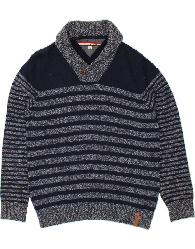 TOMMY HILFIGER Mens Shawl Neck Jumper Sweater Large Navy Blue Striped Fleece Sweater Nylon Polyester TOMMY HILFIGER Mens Shawl Neck Jumper Sweater Large Navy Blue Striped Fleece Sweater Nylon Polyester