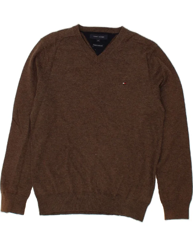 TOMMY HILFIGER Mens V-Neck Jumper Sweater Medium Brown Lambswool Solid Print Embellished TOMMY HILFIGER Mens V-Neck Jumper Sweater Medium Brown Lambswool Solid Print Embellished