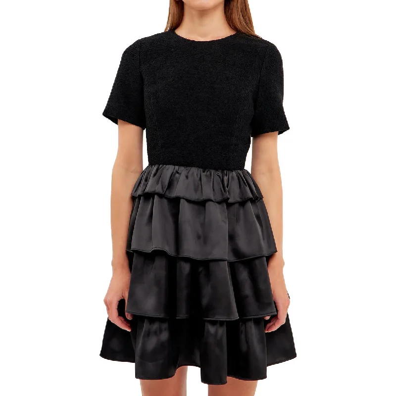 Womens Boucle Satin Mini Dress Elegant Silk Mini Dress