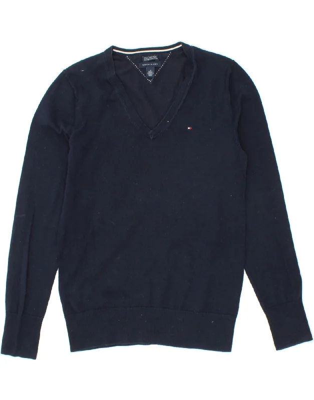 TOMMY HILFIGER Womens V-Neck Jumper Sweater UK 12 Medium Navy Blue Cotton Cotton Fabric Linen Fabric Terry Fabric TOMMY HILFIGER Womens V-Neck Jumper Sweater UK 12 Medium Navy Blue Cotton Cotton Fabric Linen Fabric Terry Fabric
