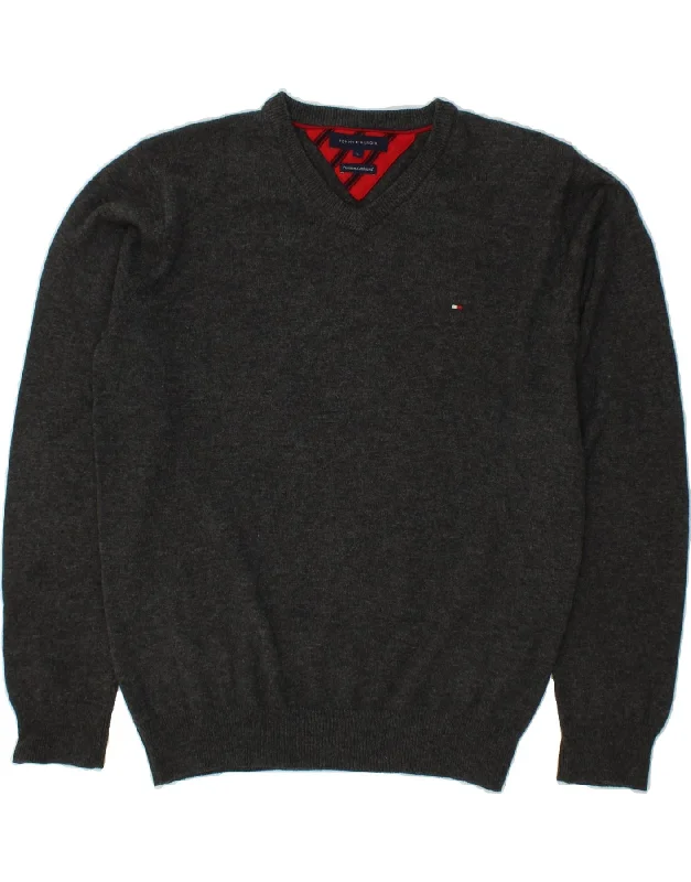 TOMMY HILFIGER Mens V-Neck Jumper Sweater Large Grey Lambswool Fitted Loose Oversized