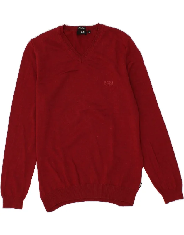 HUGO BOSS Mens V-Neck Jumper Sweater Medium Burgundy Merino Wool Machine Wash Dry Clean Hand Wash HUGO BOSS Mens V-Neck Jumper Sweater Medium Burgundy Merino Wool Machine Wash Dry Clean Hand Wash