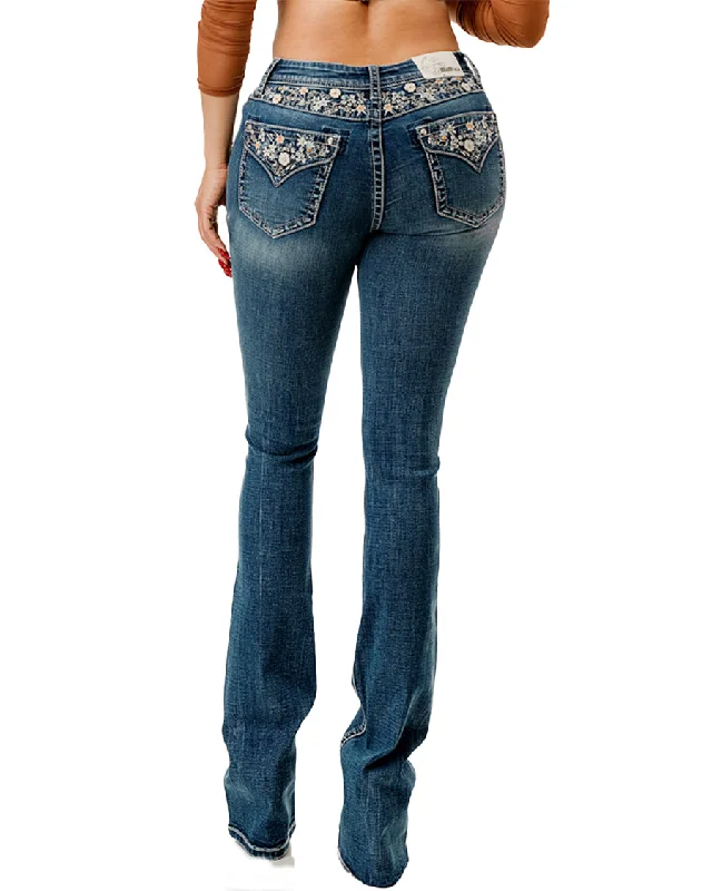 Women's Embroidered Floral Yoke Boot Cut Jeans Stylish Plus Size Denim Jeans