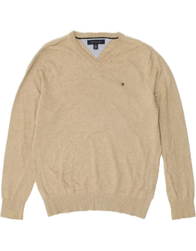 TOMMY HILFIGER Mens V-Neck Jumper Sweater Medium Beige Cotton Stretchy Elastic Breathable TOMMY HILFIGER Mens V-Neck Jumper Sweater Medium Beige Cotton Stretchy Elastic Breathable