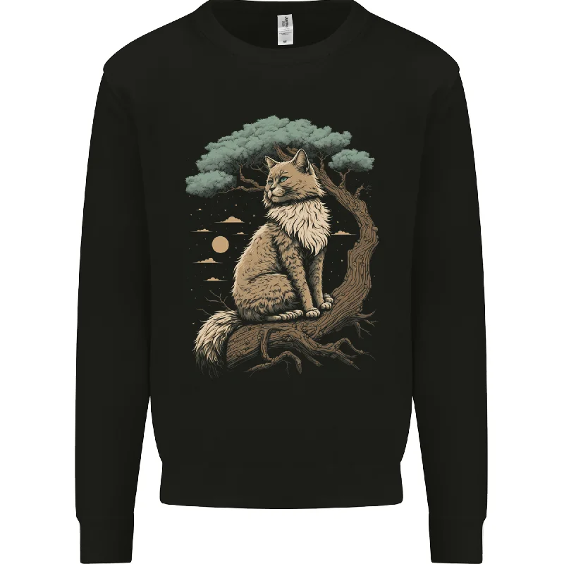 A Moon Cat Sitting on a Tree Fantasy Mens Sweatshirt Jumper Hoodie with Button Classic Timeless A Moon Cat Sitting on a Tree Fantasy Mens Sweatshirt Jumper Hoodie with Button Classic Timeless