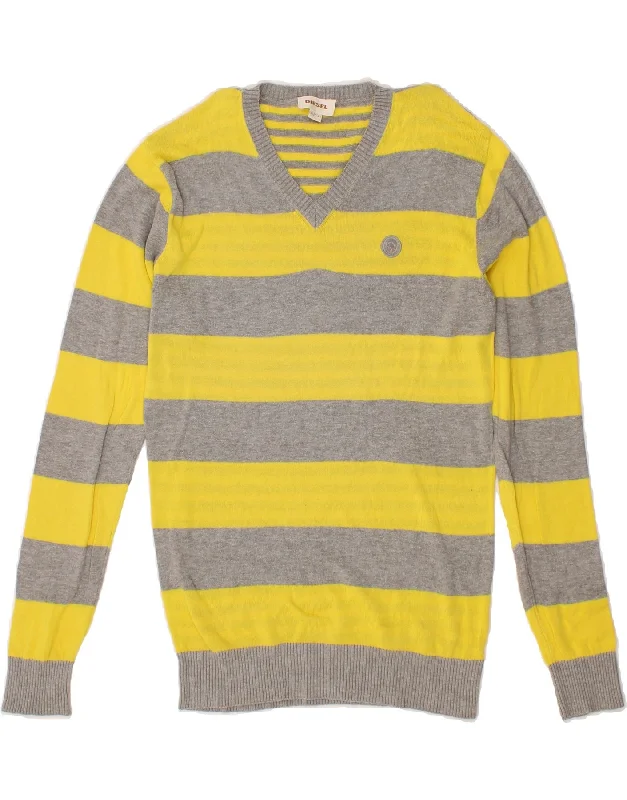 DIESEL Mens V-Neck Jumper Sweater Medium Yellow Striped Cotton Fabric Linen Fabric Terry Fabric DIESEL Mens V-Neck Jumper Sweater Medium Yellow Striped Cotton Fabric Linen Fabric Terry Fabric