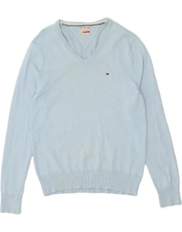 TOMMY HILFIGER Mens V-Neck Jumper Sweater Medium Blue Cotton Knit Fabric Woven Fabric Fleece Fabric TOMMY HILFIGER Mens V-Neck Jumper Sweater Medium Blue Cotton Knit Fabric Woven Fabric Fleece Fabric