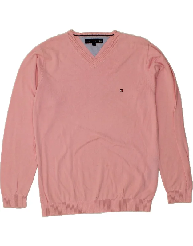 TOMMY HILFIGER Mens V-Neck Jumper Sweater Medium Pink Cotton Mesh Sweater Canvas Denim TOMMY HILFIGER Mens V-Neck Jumper Sweater Medium Pink Cotton Mesh Sweater Canvas Denim