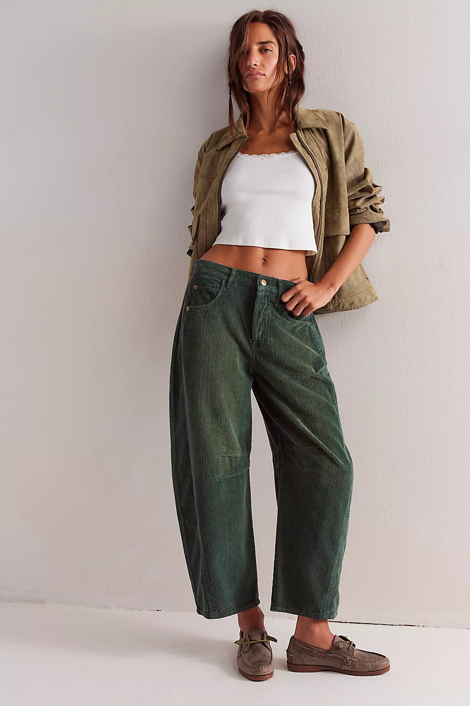 Free People We The Free Good Luck Mid-Rise Cord Barrel Jeans - CYPRESS Fashionable Relaxed Fit Denim Free People We The Free Good Luck Mid-Rise Cord Barrel Jeans - CYPRESS Fashionable Relaxed Fit Denim