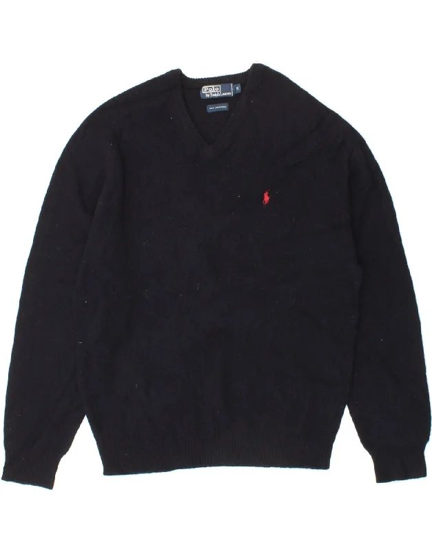 POLO RALPH LAUREN Mens V-Neck Jumper Sweater Medium Navy Blue Neon Metallic Matte