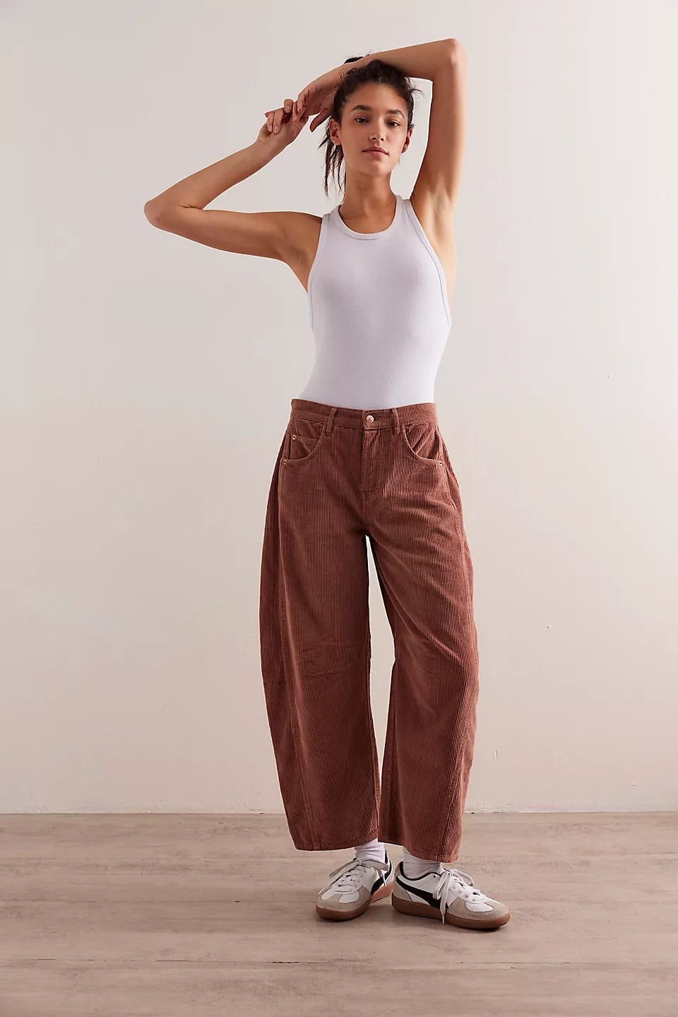 Free People We The Free Good Luck Mid-Rise Cord Barrel Jeans - EMPERADOR Comfortable Ankle Jeans