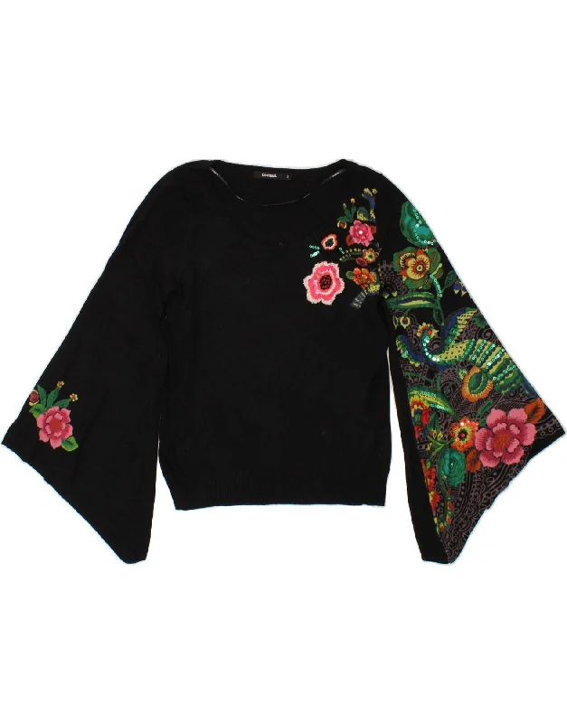 DESIGUAL Womens Graphic Boat Neck Jumper Sweater UK 10 Small Black Floral Modern Contemporary Chic DESIGUAL Womens Graphic Boat Neck Jumper Sweater UK 10 Small Black Floral Modern Contemporary Chic