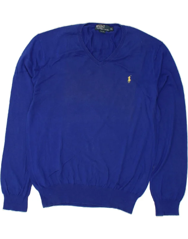 POLO RALPH LAUREN Mens Slim Fit V-Neck Jumper Sweater XL Blue Cotton Real Fur Shearling Chenille POLO RALPH LAUREN Mens Slim Fit V-Neck Jumper Sweater XL Blue Cotton Real Fur Shearling Chenille
