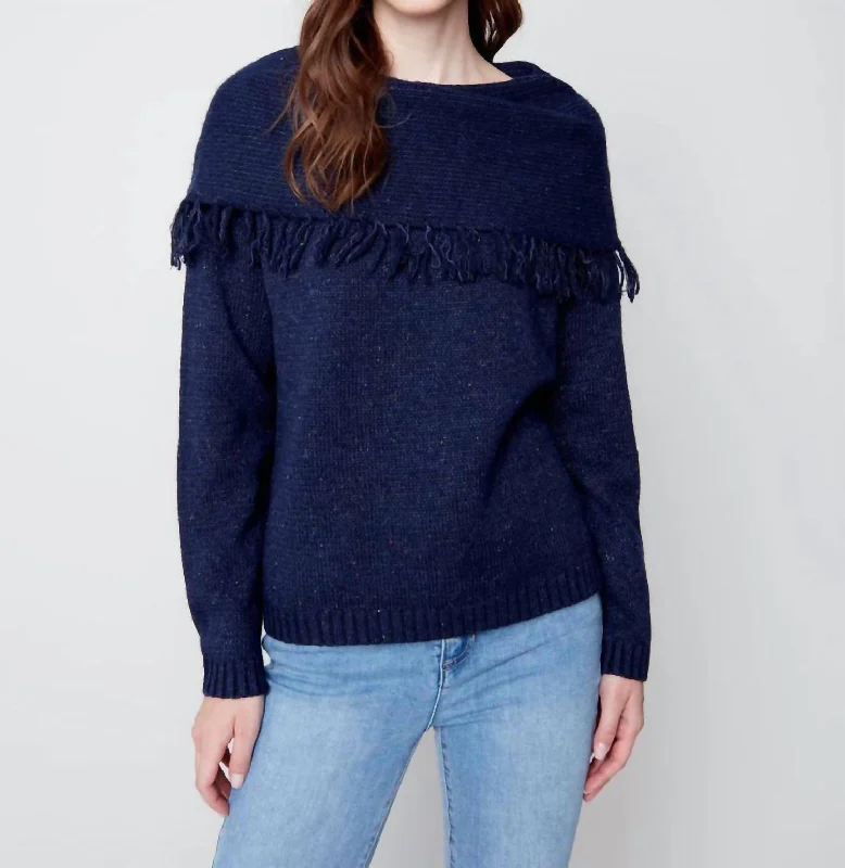Fringed Cowl Neck Sweater In Denim Hooded Sweater Collared Sweater Shawl Collar