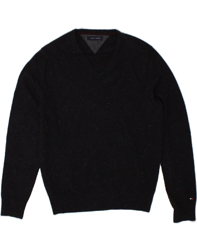 TOMMY HILFIGER Mens V-Neck Jumper Sweater Medium Navy Blue Flecked Wool Cotton Fabric Linen Fabric Terry Fabric TOMMY HILFIGER Mens V-Neck Jumper Sweater Medium Navy Blue Flecked Wool Cotton Fabric Linen Fabric Terry Fabric