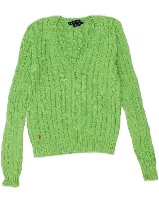 RALPH LAUREN Womens V-Neck Jumper Sweater UK 12 Medium Green Cotton Terry Blend Velvet Blend Canvas Blend