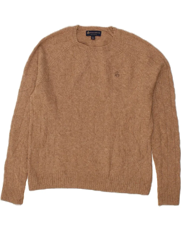 BROOKS BROTHERS Mens Crew Neck Jumper Sweater Medium Brown Lambswool Zippered Buttoned Snapped