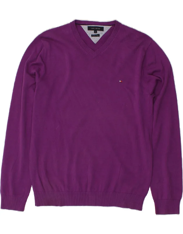 TOMMY HILFIGER Mens V-Neck Jumper Sweater XL Purple Cotton Modern Contemporary Chic