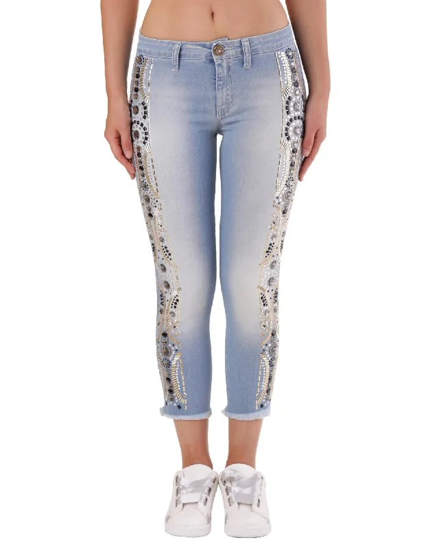 Met Womens Skinny Embellished Jeans Casual Light Wash Jeans