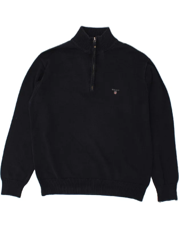 GANT Mens Zip Neck Jumper Sweater Large Navy Blue Cotton Velvet Chenille Corduroy