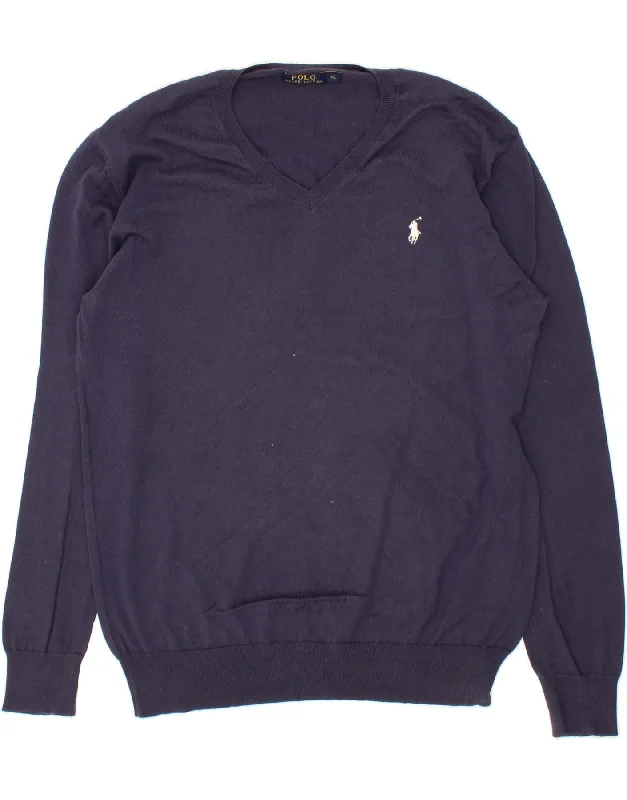 POLO RALPH LAUREN Mens V-Neck Jumper Sweater XL Navy Blue Cotton Solid Print Embellished