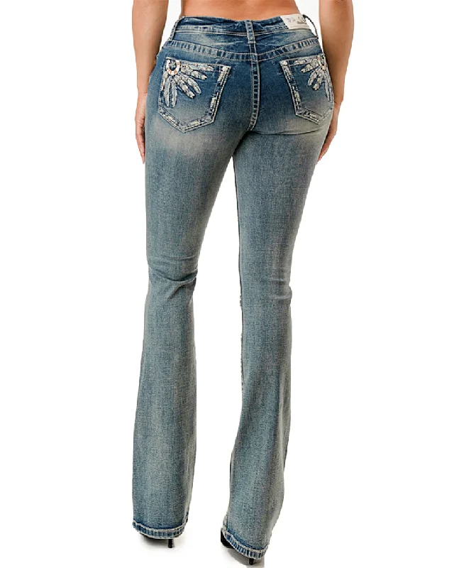 Women's Embroidered Feathers Horseshoe Boot Cut Jeans Fashionable White Denim Jeans