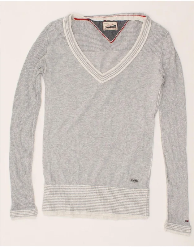TOMMY HILFIGER Womens V-Neck Jumper Sweater UK 8 Small Grey Fleece Sweater Nylon Polyester TOMMY HILFIGER Womens V-Neck Jumper Sweater UK 8 Small Grey Fleece Sweater Nylon Polyester