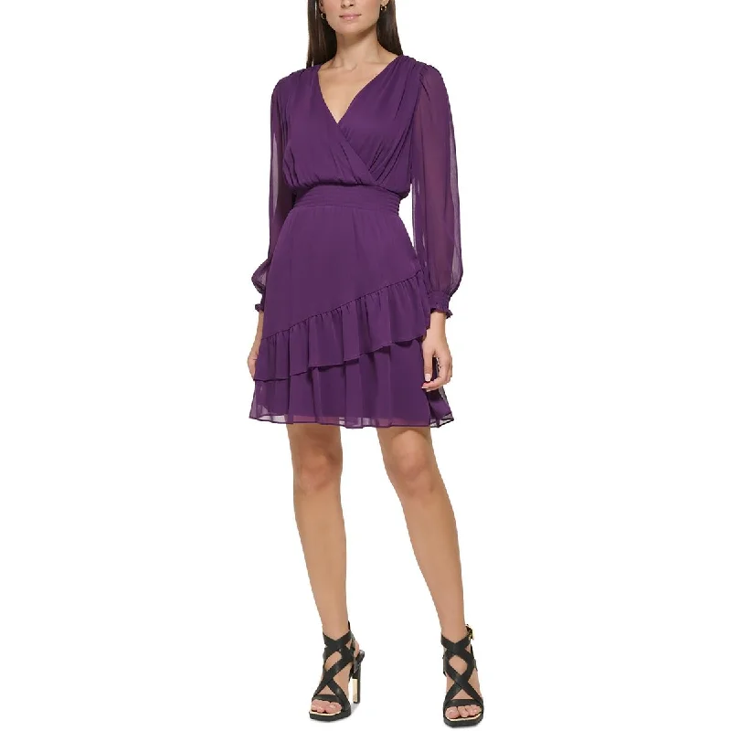 Womens Surplice Neckline Ruffled Mini Dress Cozy T-Shirt Mini Dress
