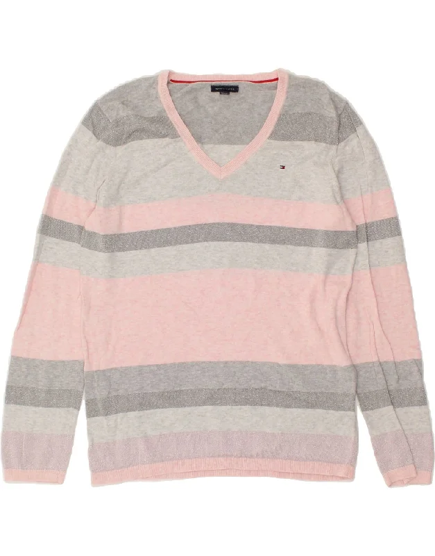 TOMMY HILFIGER Womens V-Neck Jumper Sweater UK 16 Large Pink Striped Elasticated Padded Insulated TOMMY HILFIGER Womens V-Neck Jumper Sweater UK 16 Large Pink Striped Elasticated Padded Insulated