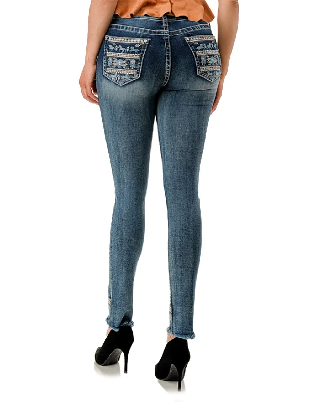 Women's Aztec Horse Embroidered Skinny Jeans Stylish Slim Fit Denim