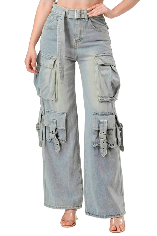 Daisy - Buckle "Denim Cargo Jeans" Trendy Paperbag Waist Jeans