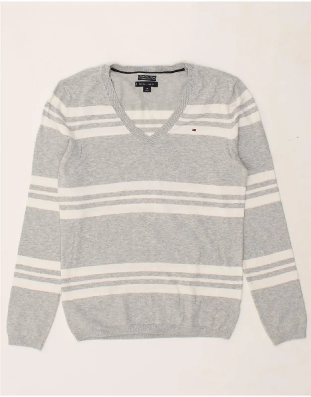 TOMMY HILFIGER Womens V-Neck Jumper Sweater UK 10 Small Grey Striped Spandex Blend Rayon Blend Denim Blend TOMMY HILFIGER Womens V-Neck Jumper Sweater UK 10 Small Grey Striped Spandex Blend Rayon Blend Denim Blend