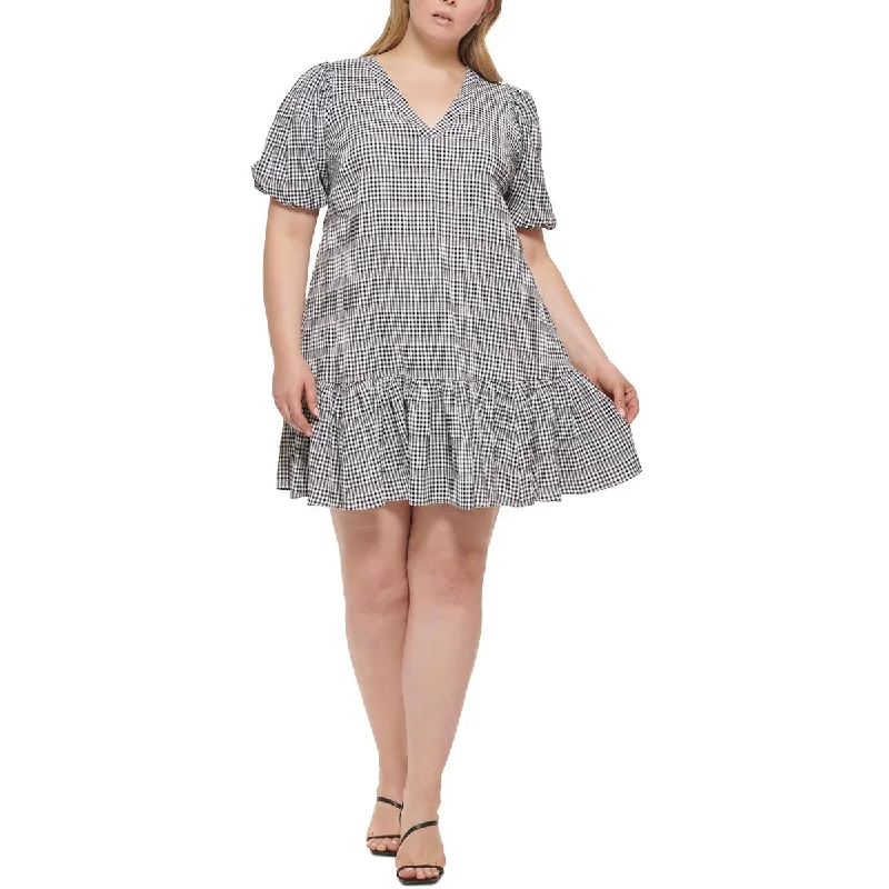Plus Womens Checkered Short Mini Dress Trendy Lace Mini Dress