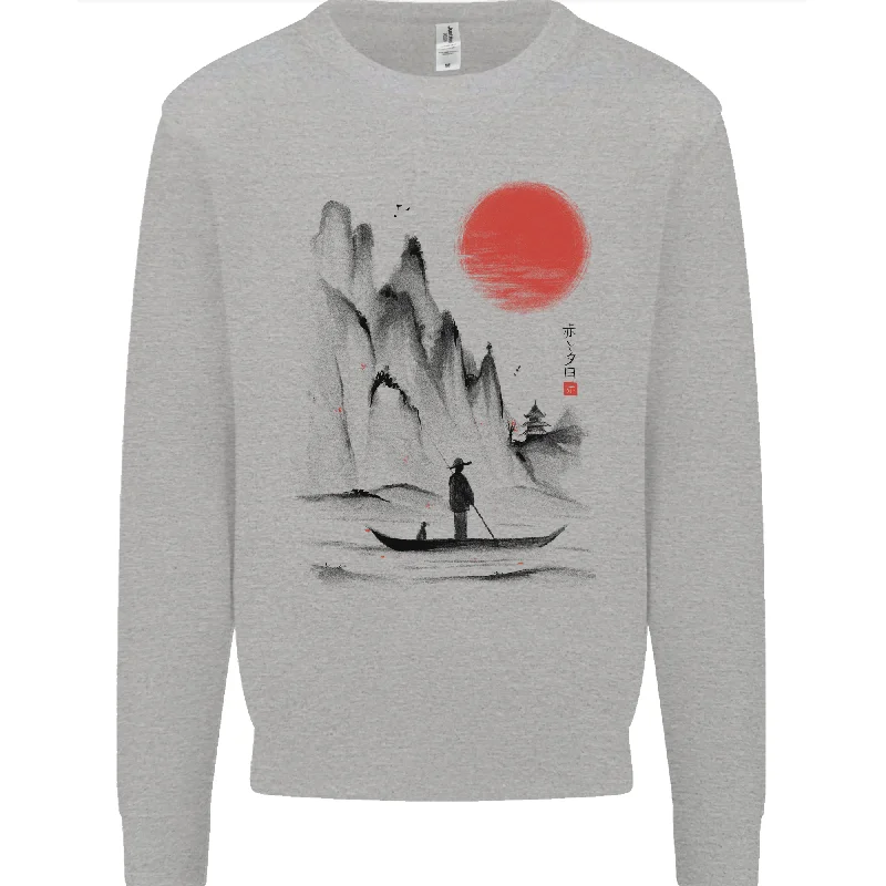 A Japanese Boat at Sunset Mens Sweatshirt Jumper Hoodie with Applique Textured Unique A Japanese Boat at Sunset Mens Sweatshirt Jumper Hoodie with Applique Textured Unique