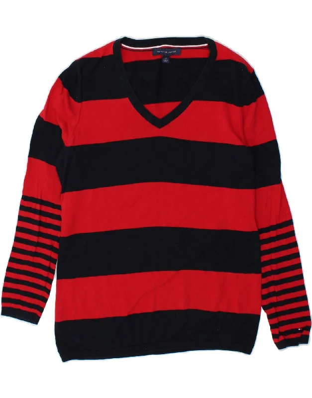 TOMMY HILFIGER Womens V-Neck Jumper Sweater UK 16 Large Red Striped Cotton Boat Neck Shawl Collar Notched Collar TOMMY HILFIGER Womens V-Neck Jumper Sweater UK 16 Large Red Striped Cotton Boat Neck Shawl Collar Notched Collar