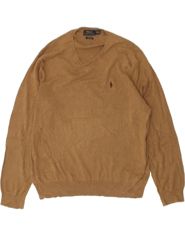 POLO RALPH LAUREN Mens V-Neck Jumper Sweater XL Beige Cotton Thin Thick Dense