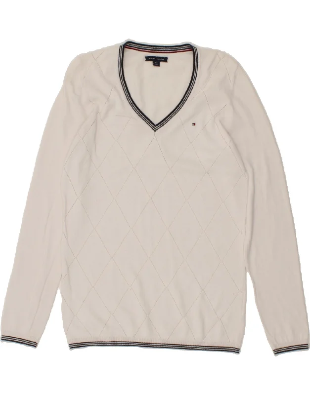 TOMMY HILFIGER Womens V-Neck Jumper Sweater UK 10 Small White Lace Blend Ribbed Blend Corduroy Blend TOMMY HILFIGER Womens V-Neck Jumper Sweater UK 10 Small White Lace Blend Ribbed Blend Corduroy Blend