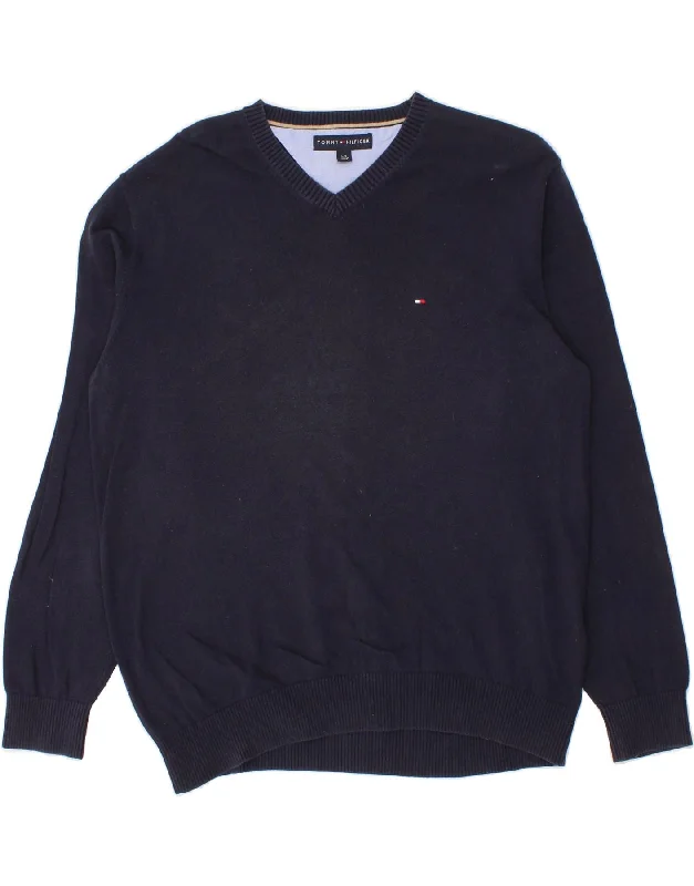TOMMY HILFIGER Mens V-Neck Jumper Sweater Large Navy Blue Cotton Chenille Brocade Lace TOMMY HILFIGER Mens V-Neck Jumper Sweater Large Navy Blue Cotton Chenille Brocade Lace