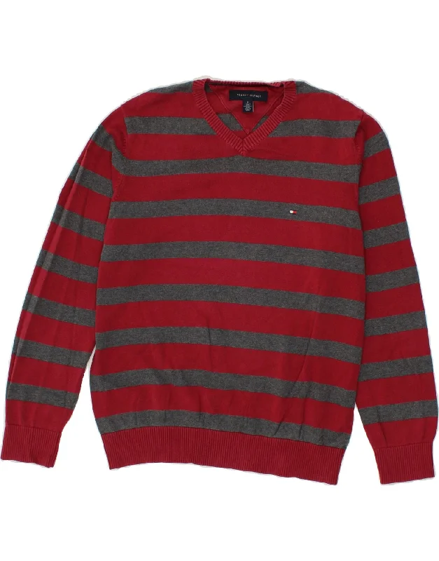 TOMMY HILFIGER Mens V-Neck Jumper Sweater Medium Red Striped Cotton Transparent Opaque Sheer TOMMY HILFIGER Mens V-Neck Jumper Sweater Medium Red Striped Cotton Transparent Opaque Sheer