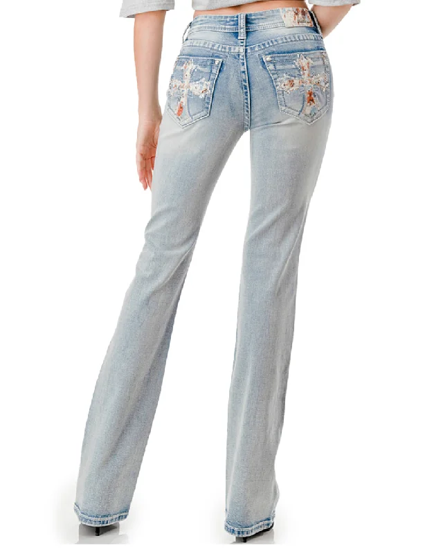 Women's Light Wash Cross Embroidery Boot Cut Jeans Stylish Relaxed Fit Skinny Jeans