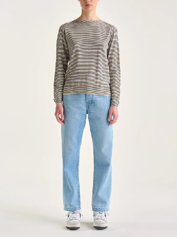 Bellerose Gop Stripe Sweater in Navy Ecru Print Jacquard Patchwork