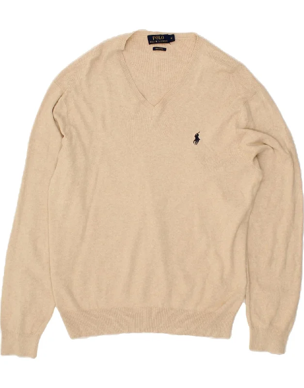POLO RALPH LAUREN Mens V-Neck Jumper Sweater Medium Beige Cotton Mesh Blend Leather Blend Suede Blend POLO RALPH LAUREN Mens V-Neck Jumper Sweater Medium Beige Cotton Mesh Blend Leather Blend Suede Blend