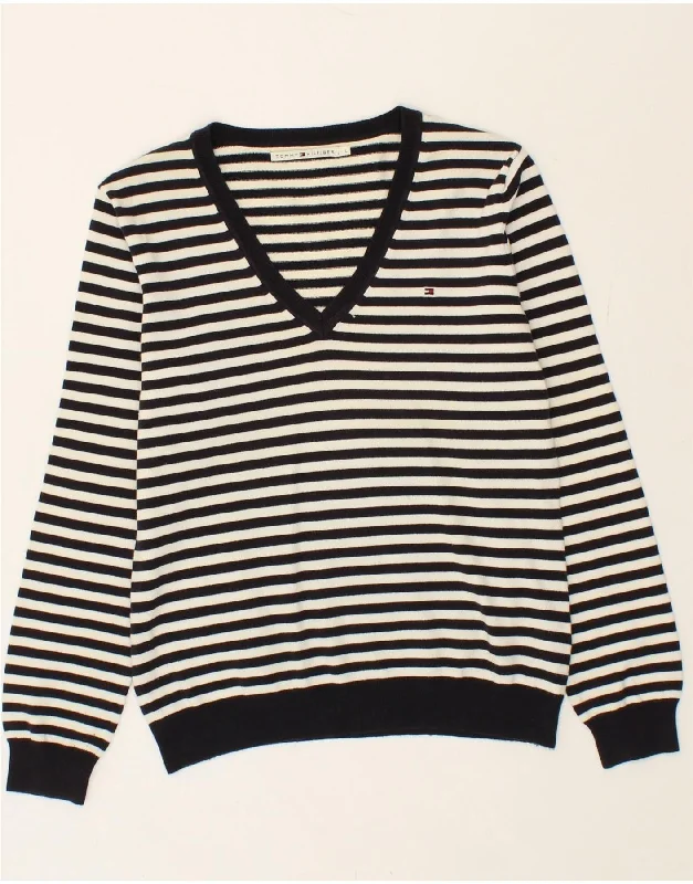 TOMMY HILFIGER Womens V-Neck Jumper Sweater UK 14 Large Black Striped Silk Blend Satin Velvet TOMMY HILFIGER Womens V-Neck Jumper Sweater UK 14 Large Black Striped Silk Blend Satin Velvet