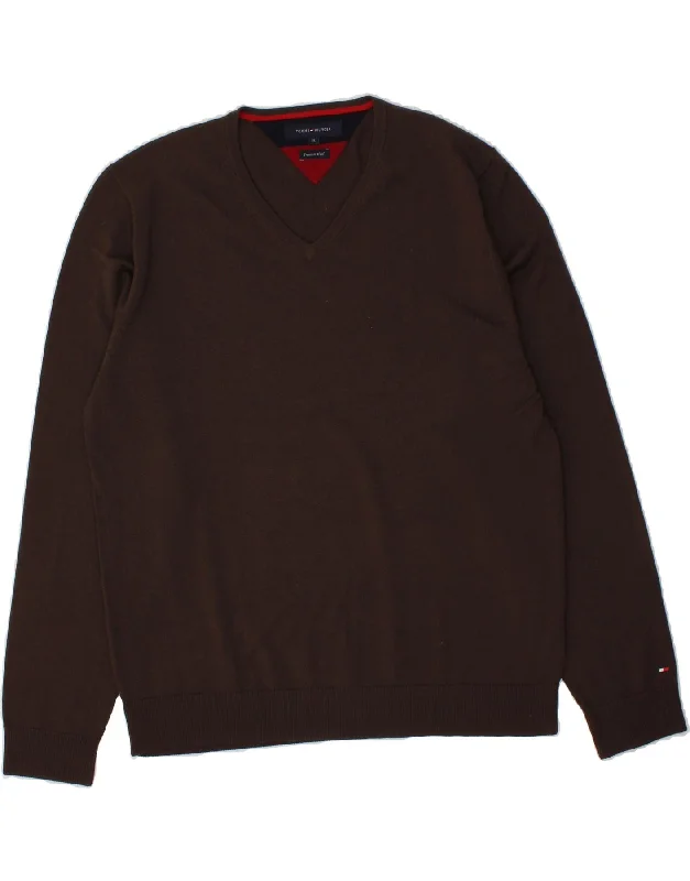 TOMMY HILFIGER Mens V-Neck Jumper Sweater XL Brown Wool Spandex Rayon Corduroy
