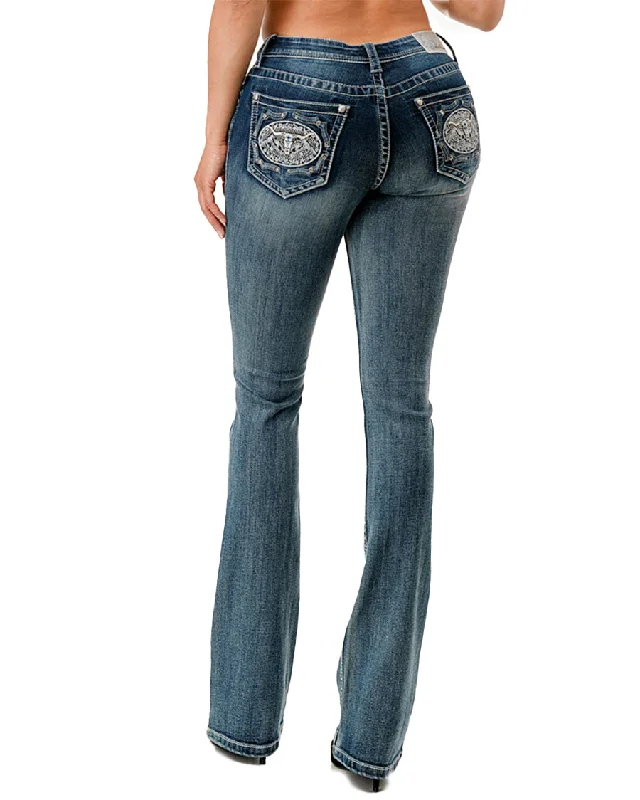 Women's Embroidered Buckle Boot Cut Jeans Comfortable Drawstring Waist Jeans